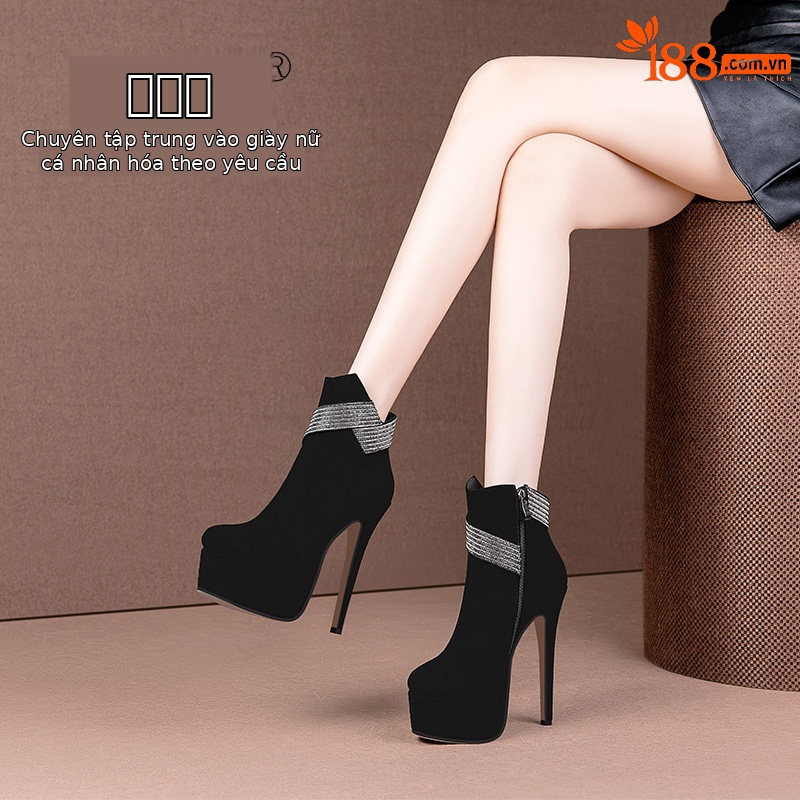 Boot cổ thấp nữ mũi tròn gót siêu cao đính đá dây xích — Đen Cao Gót 12cm, Đen Cao Gót 13cm, Đen Cao Gót 15cm