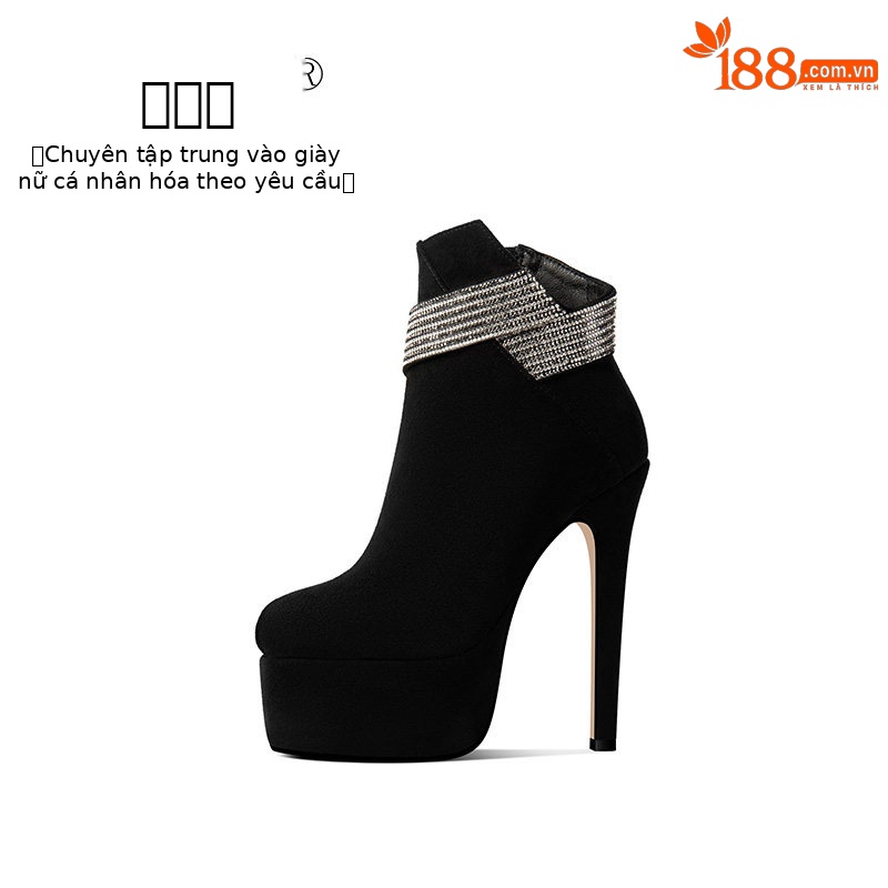 Boot cổ thấp nữ mũi tròn gót siêu cao đính đá dây xích — Đen Cao Gót 12cm, Đen Cao Gót 13cm, Đen Cao Gót 15cm