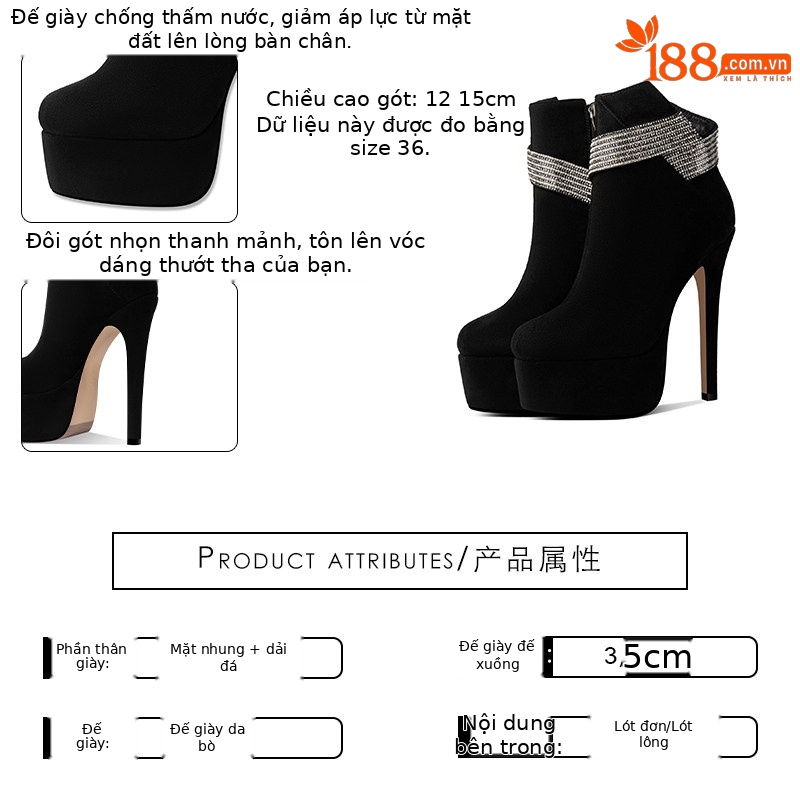 Boot cổ thấp nữ mũi tròn gót siêu cao đính đá dây xích — Đen Cao Gót 12cm, Đen Cao Gót 13cm, Đen Cao Gót 15cm