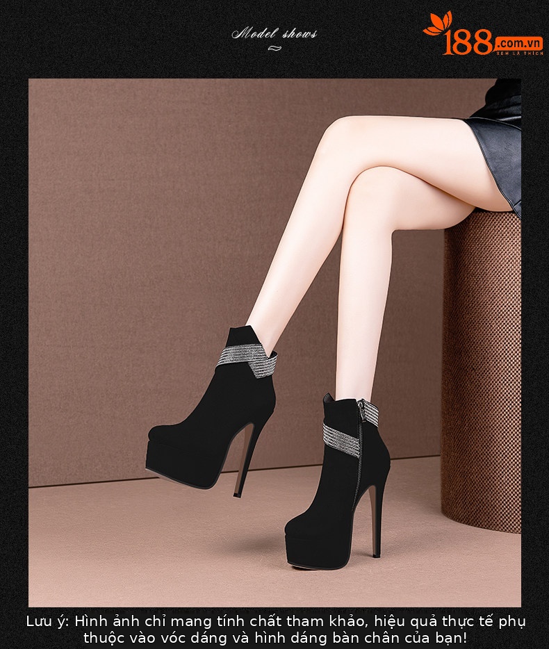 Boot cổ thấp nữ mũi tròn gót siêu cao đính đá dây xích — Đen Cao Gót 12cm, Đen Cao Gót 13cm, Đen Cao Gót 15cm chi tiết 3