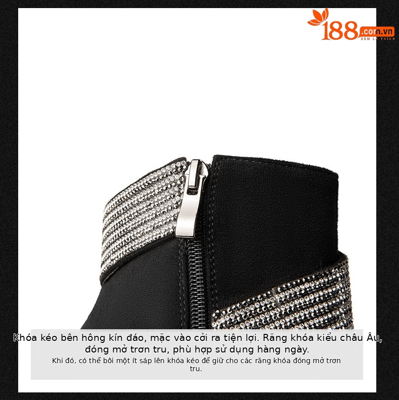 Boot cổ thấp nữ mũi tròn gót siêu cao đính đá dây xích — Đen Cao Gót 12cm, Đen Cao Gót 13cm, Đen Cao Gót 15cm chi tiết 8