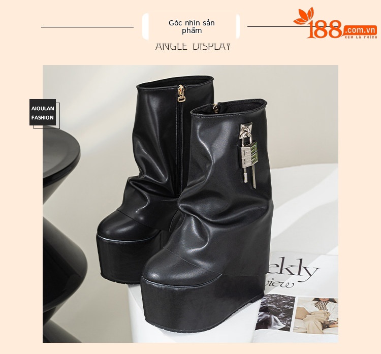 Boot nữ cổ thấp khóa kéo gót siêu cao 15 cm phong cách Âu Mỹ — Trắng, đen chi tiết 5