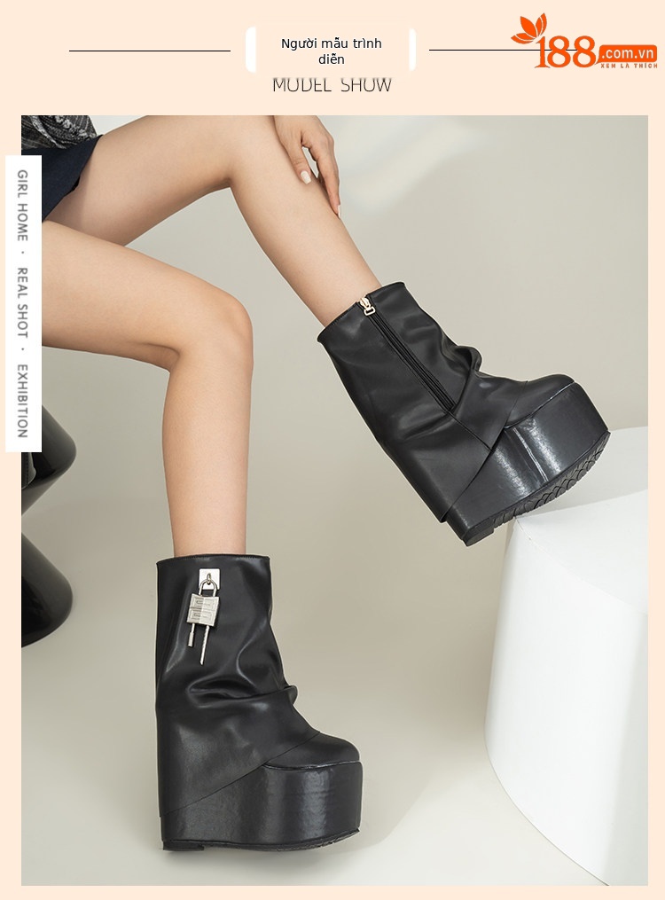 Boot nữ cổ thấp khóa kéo gót siêu cao 15 cm phong cách Âu Mỹ — Trắng, đen chi tiết 24