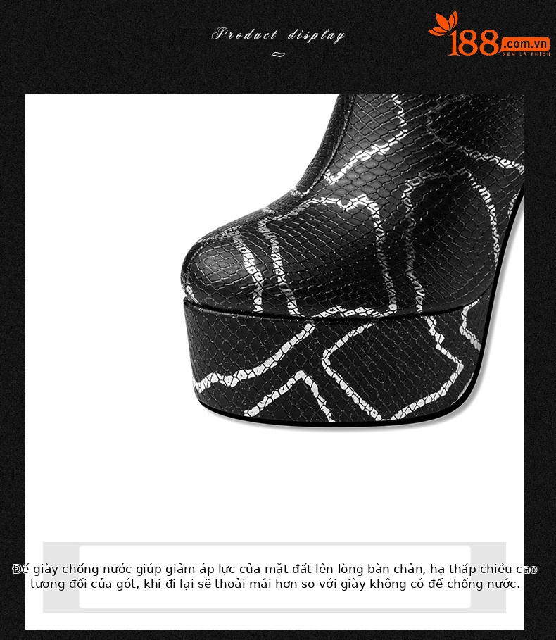 Boot cổ thấp nữ gót siêu cao 12–15 cm họa tiết vảy rắn, đế chống nước, khóa kéo bên — Đen Cao Gót 12cm, Trắng Cao Gót 12cm, Đen Cao Gót 13cm, Trắng Cao Gót 13cm chi tiết 7