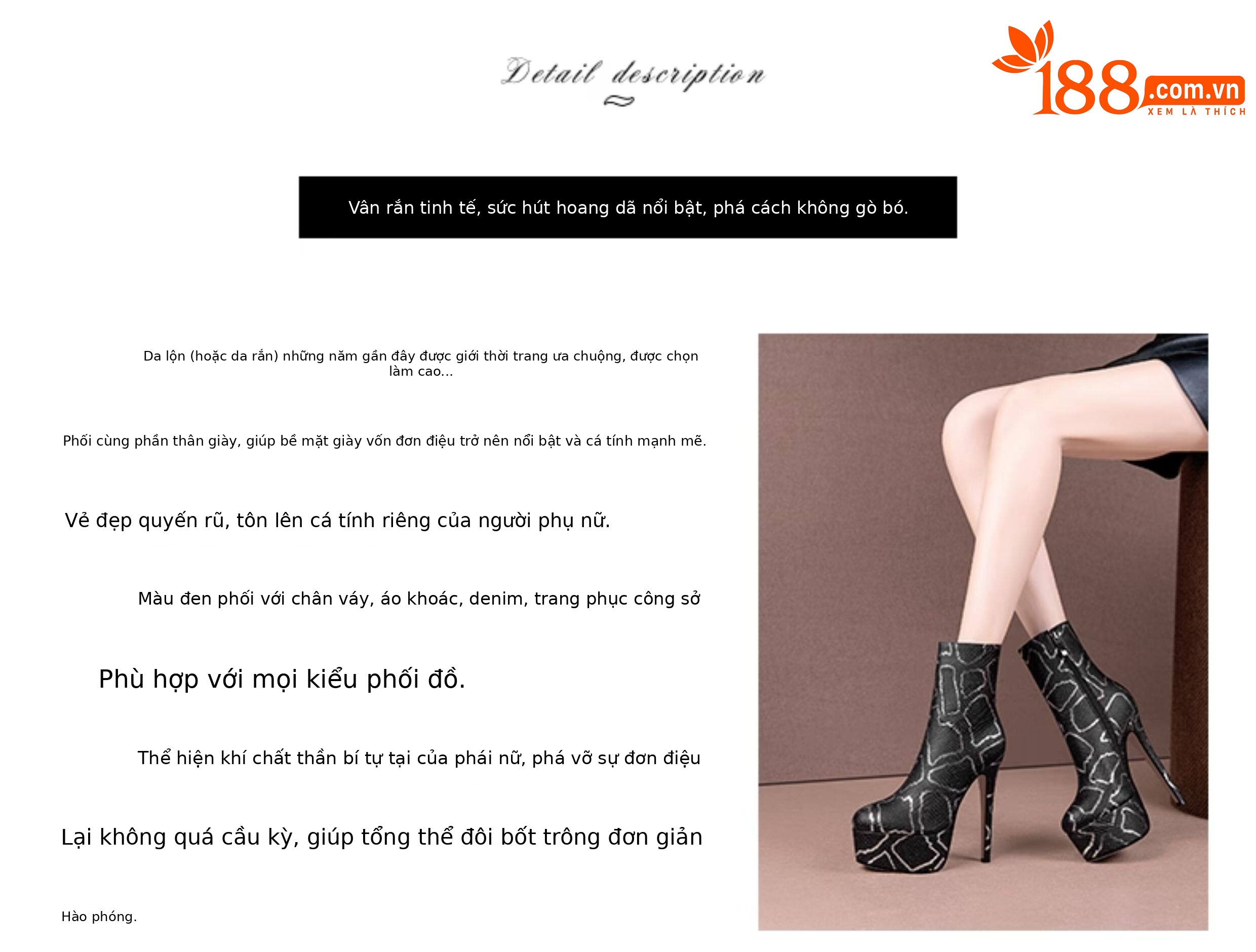 Boot cổ thấp nữ gót siêu cao 12–15 cm họa tiết vảy rắn, đế chống nước, khóa kéo bên — Đen Cao Gót 12cm, Trắng Cao Gót 12cm, Đen Cao Gót 13cm, Trắng Cao Gót 13cm chi tiết 1