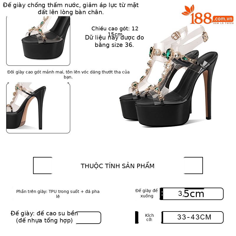 Sandal cao gót nữ hở mũi đính đá khóa quai siêu cao gót 12–15 cm — Đen Cao gót 12cm, Mơ Cao gót 12cm, Đen Cao gót 13cm, Mơ Cao gót 13cm