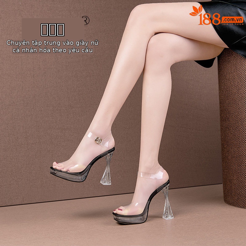 Sandal cao gót nữ mũi nhọn quai mắt cáo gót vuông trong suốt — Đen, Mơ