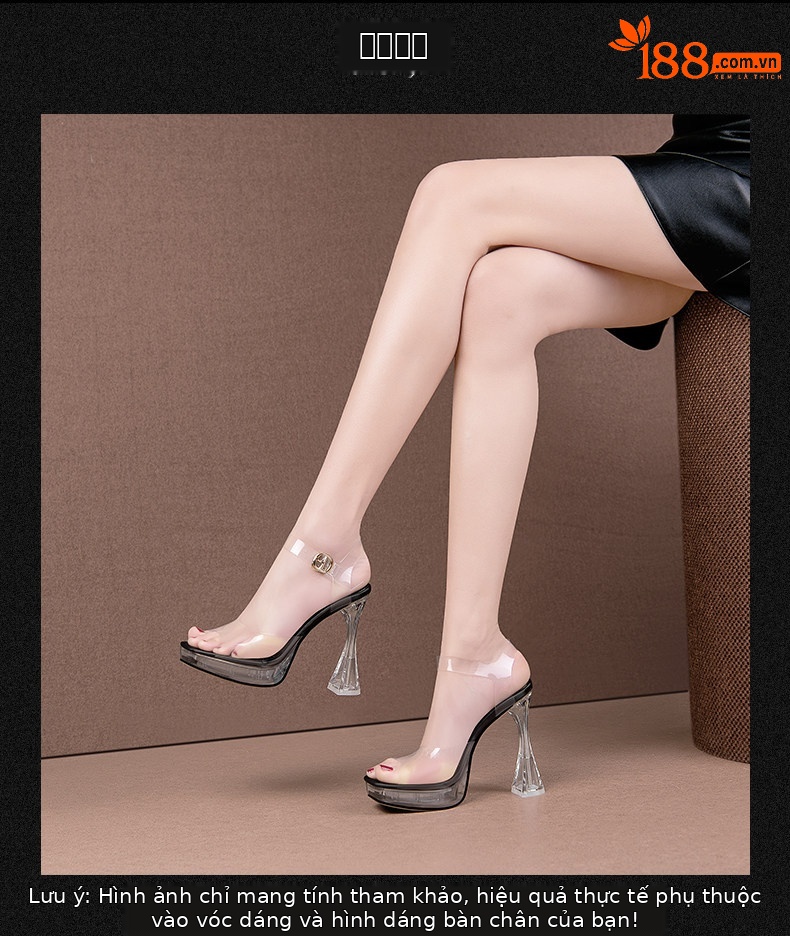 Sandal cao gót nữ mũi nhọn quai mắt cáo gót vuông trong suốt — Đen, Mơ chi tiết 3