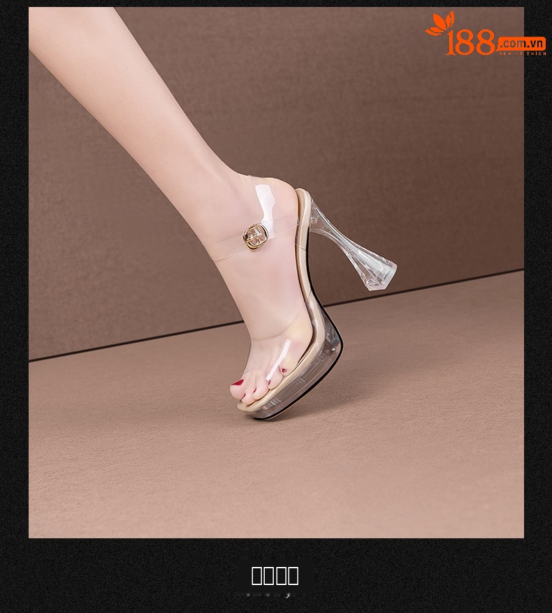 Sandal cao gót nữ mũi nhọn quai mắt cáo gót vuông trong suốt — Đen, Mơ chi tiết 6