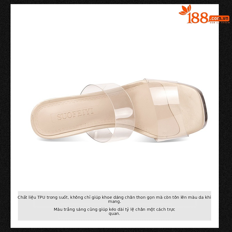 Sandal cao gót nữ hở mũi gót vuông trong suốt phong cách Pháp — Đen, Mơ chi tiết 8