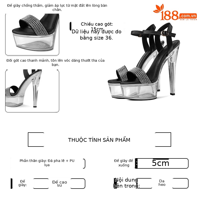 Sandal cao gót nữ hở mũi đính đá pha lê, gót nhọn 12–15 cm, đế platform chống nước — Đen Cao Gót 12cm, Đen Cao Gót 15cm