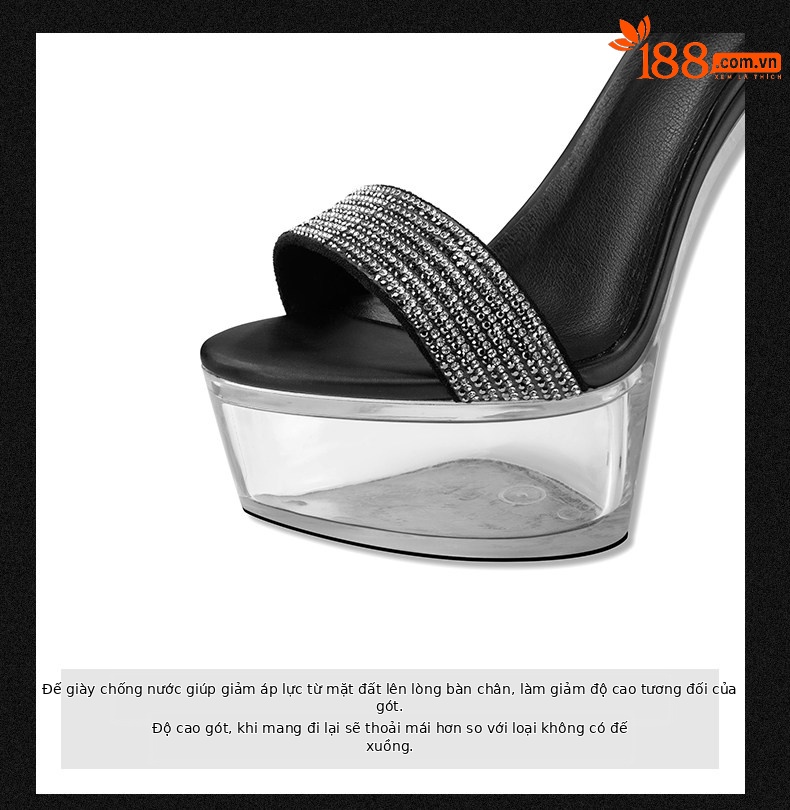 Sandal cao gót nữ hở mũi đính đá pha lê, gót nhọn 12–15 cm, đế platform chống nước — Đen Cao Gót 12cm, Đen Cao Gót 15cm chi tiết 7