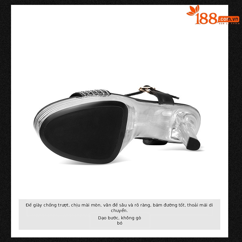 Sandal cao gót nữ hở mũi đính đá pha lê, gót nhọn 12–15 cm, đế platform chống nước — Đen Cao Gót 12cm, Đen Cao Gót 15cm chi tiết 9