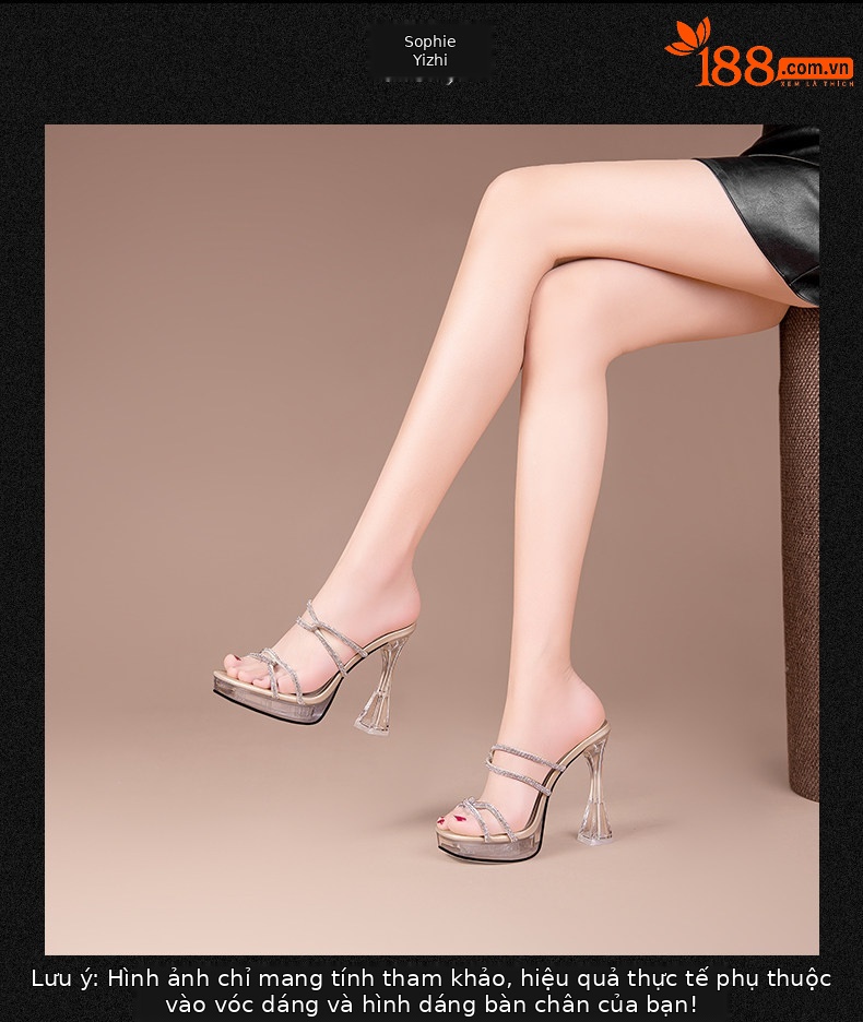 Sandal cao gót nữ hở mũi đính pha lê gót vuông 9 cm — Đen, Mơ chi tiết 3