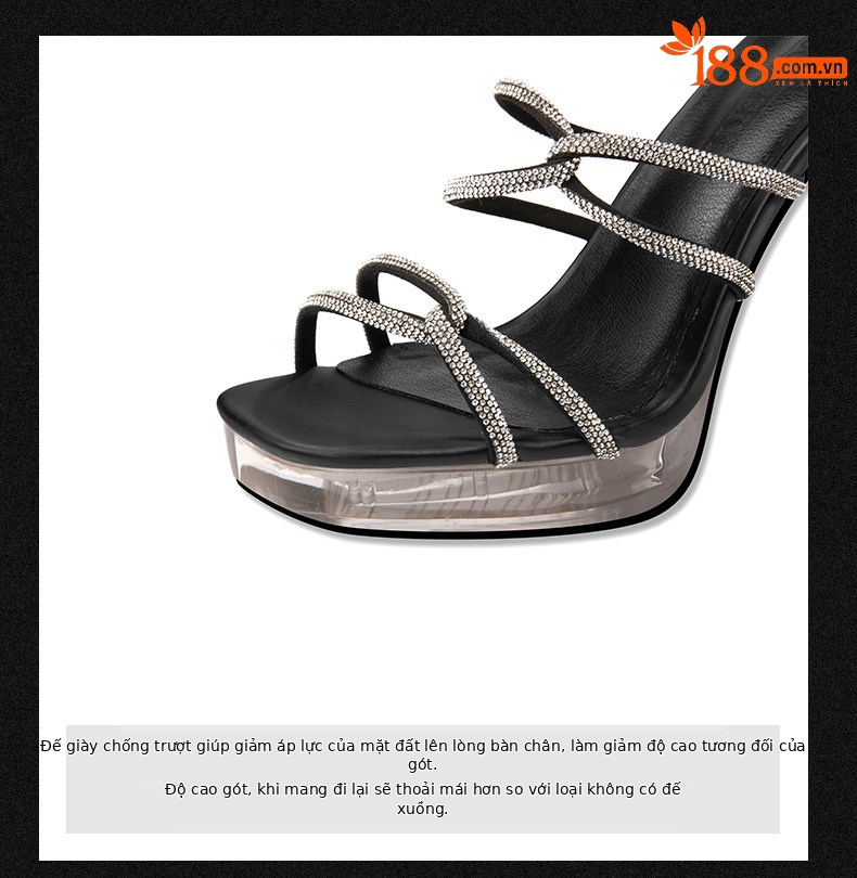 Sandal cao gót nữ hở mũi đính pha lê gót vuông 9 cm — Đen, Mơ chi tiết 7