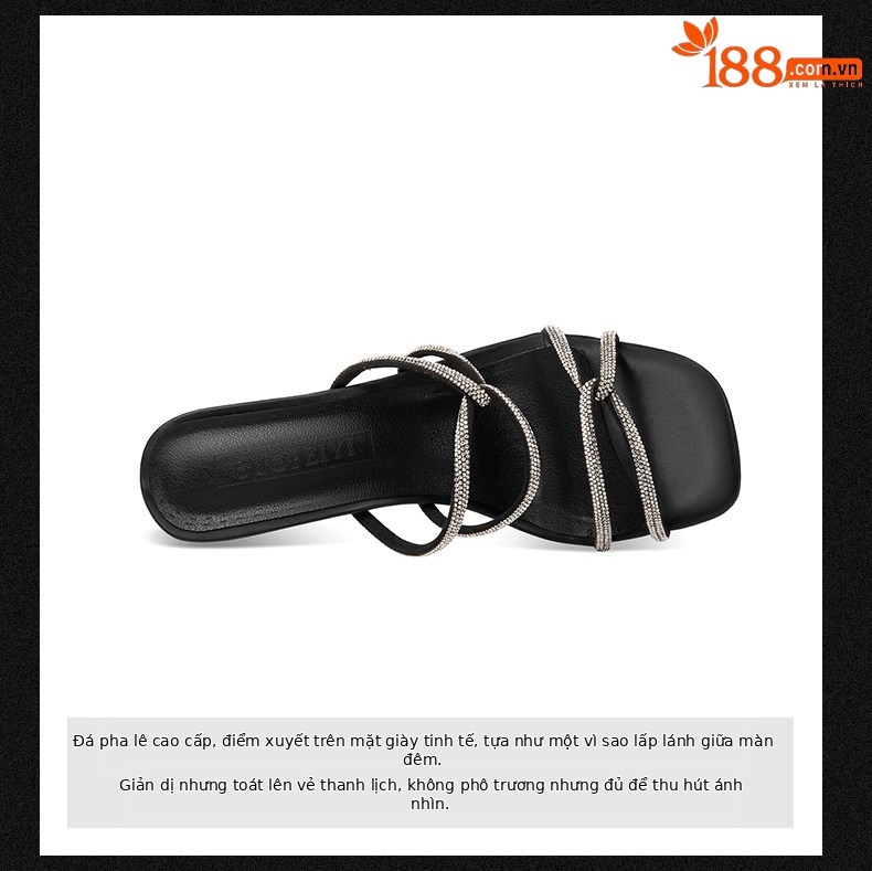 Sandal cao gót nữ hở mũi đính pha lê gót vuông 9 cm — Đen, Mơ chi tiết 8