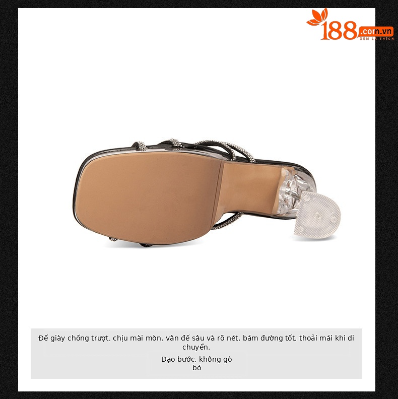 Sandal cao gót nữ hở mũi đính pha lê gót vuông 9 cm — Đen, Mơ chi tiết 9