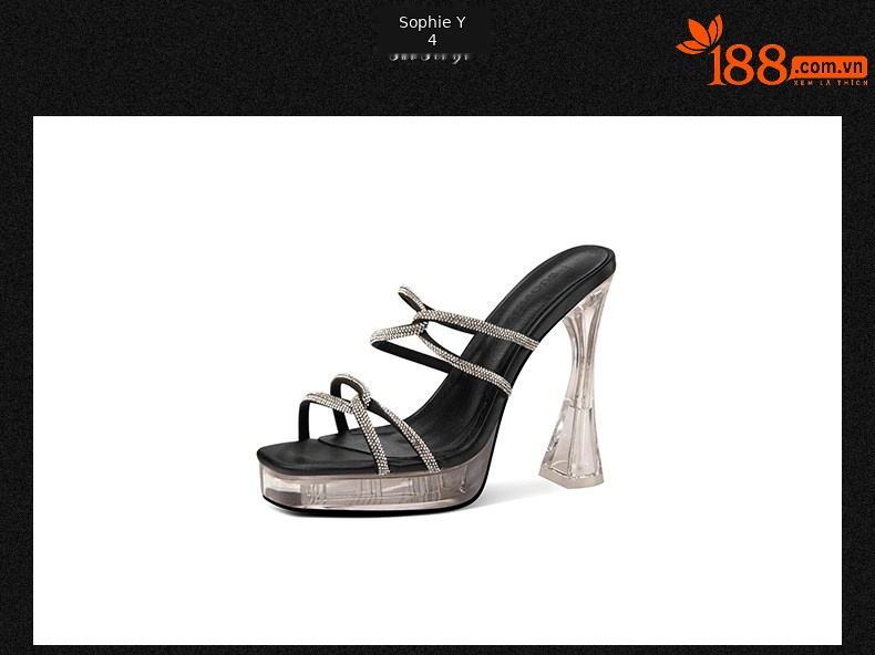 Sandal cao gót nữ hở mũi đính pha lê gót vuông 9 cm — Đen, Mơ chi tiết 10