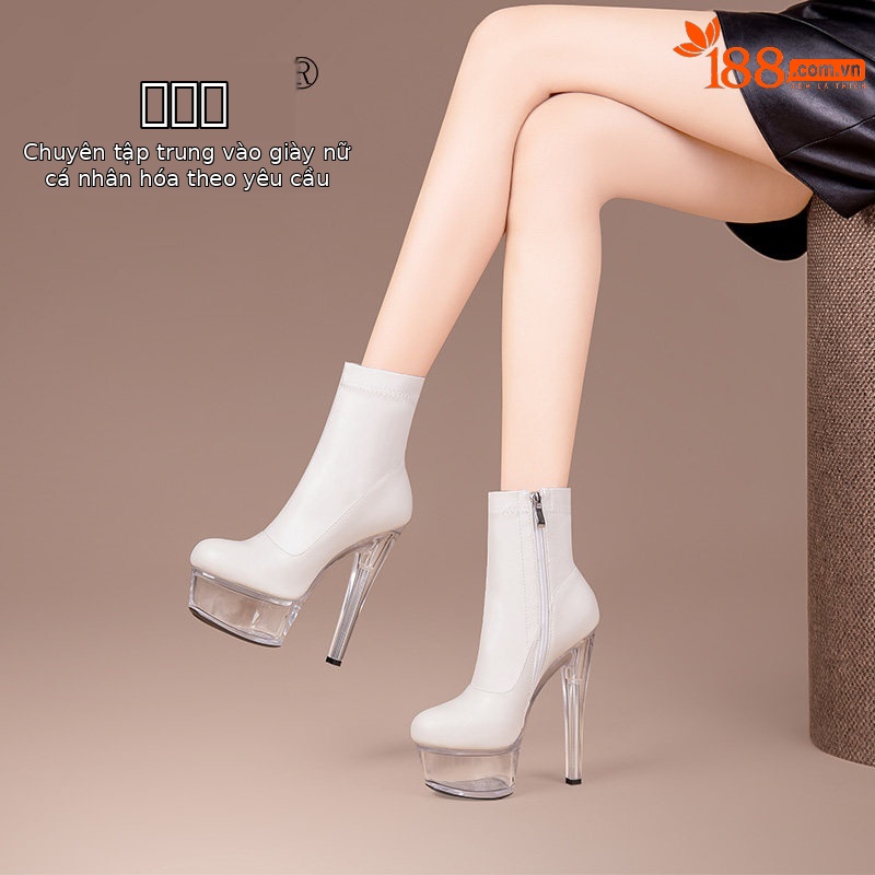 Boot cổ thấp nữ da bò gót nhọn cao su đế platform chống nước khóa kéo bên — Đen 19781, Be 19781, Đen 19881, Be 19881
