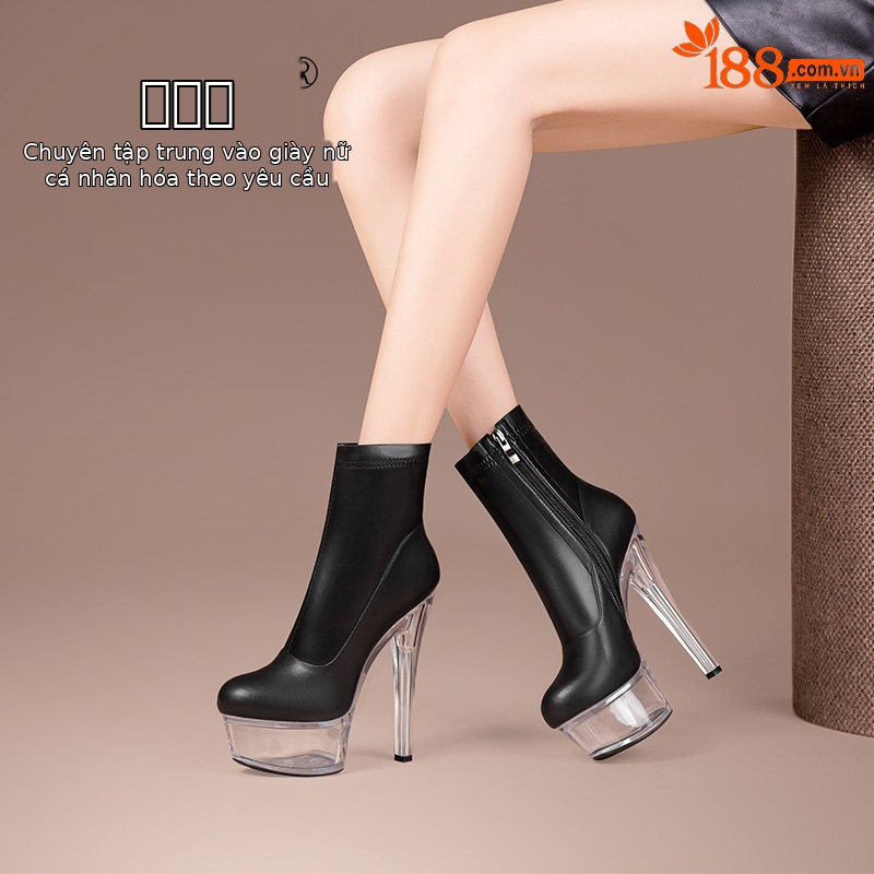 Boot cổ thấp nữ da bò gót nhọn cao su đế platform chống nước khóa kéo bên — Đen 19781, Be 19781, Đen 19881, Be 19881