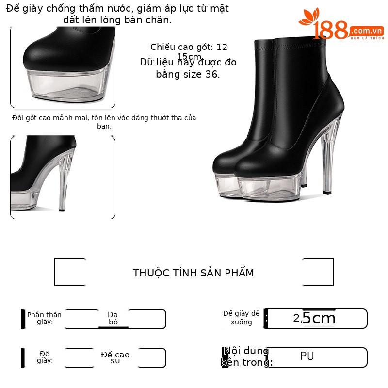 Boot cổ thấp nữ da bò gót nhọn cao su đế platform chống nước khóa kéo bên — Đen 19781, Be 19781, Đen 19881, Be 19881