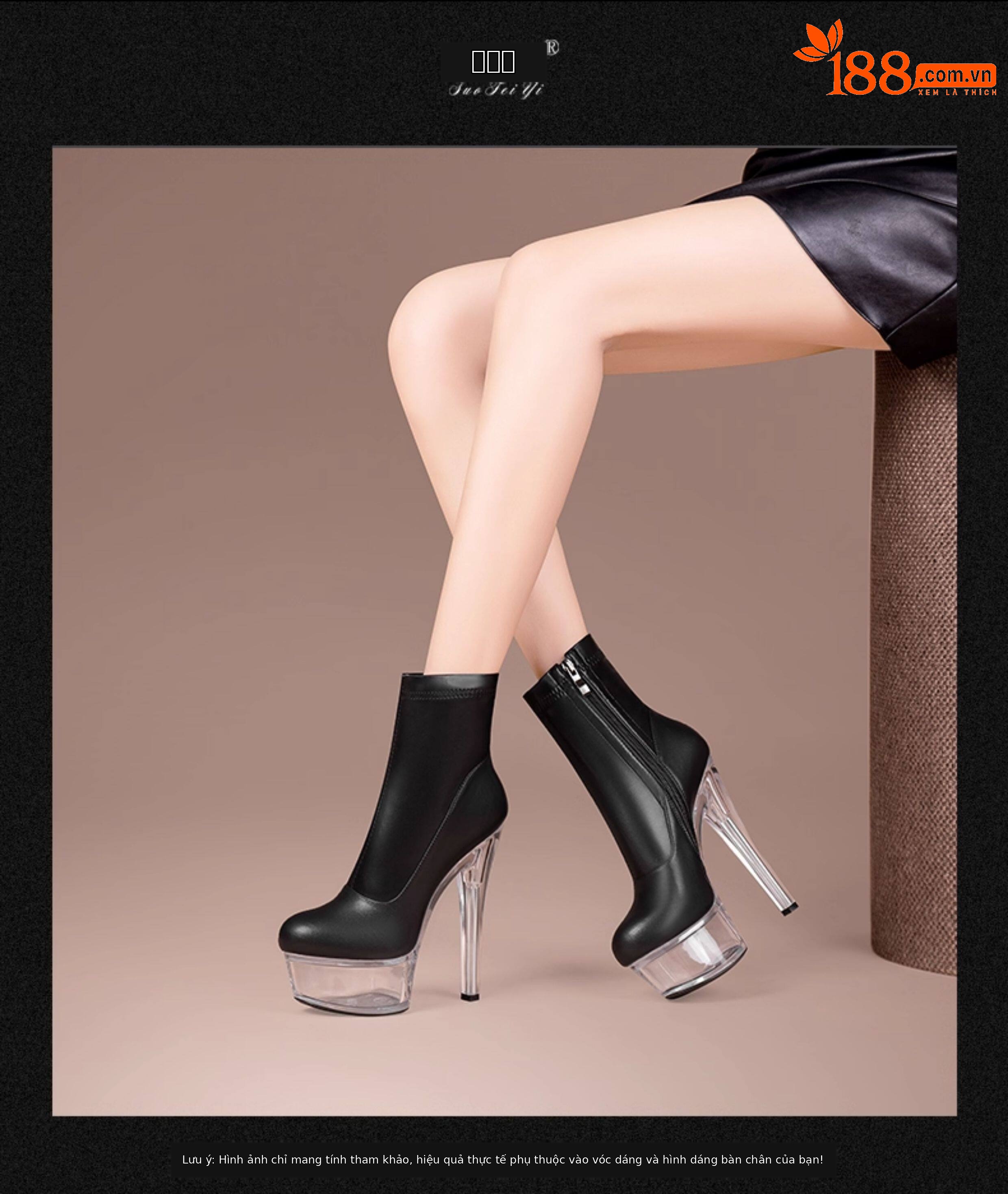 Boot cổ thấp nữ da bò gót nhọn cao su đế platform chống nước khóa kéo bên — Đen 19781, Be 19781, Đen 19881, Be 19881 chi tiết 4