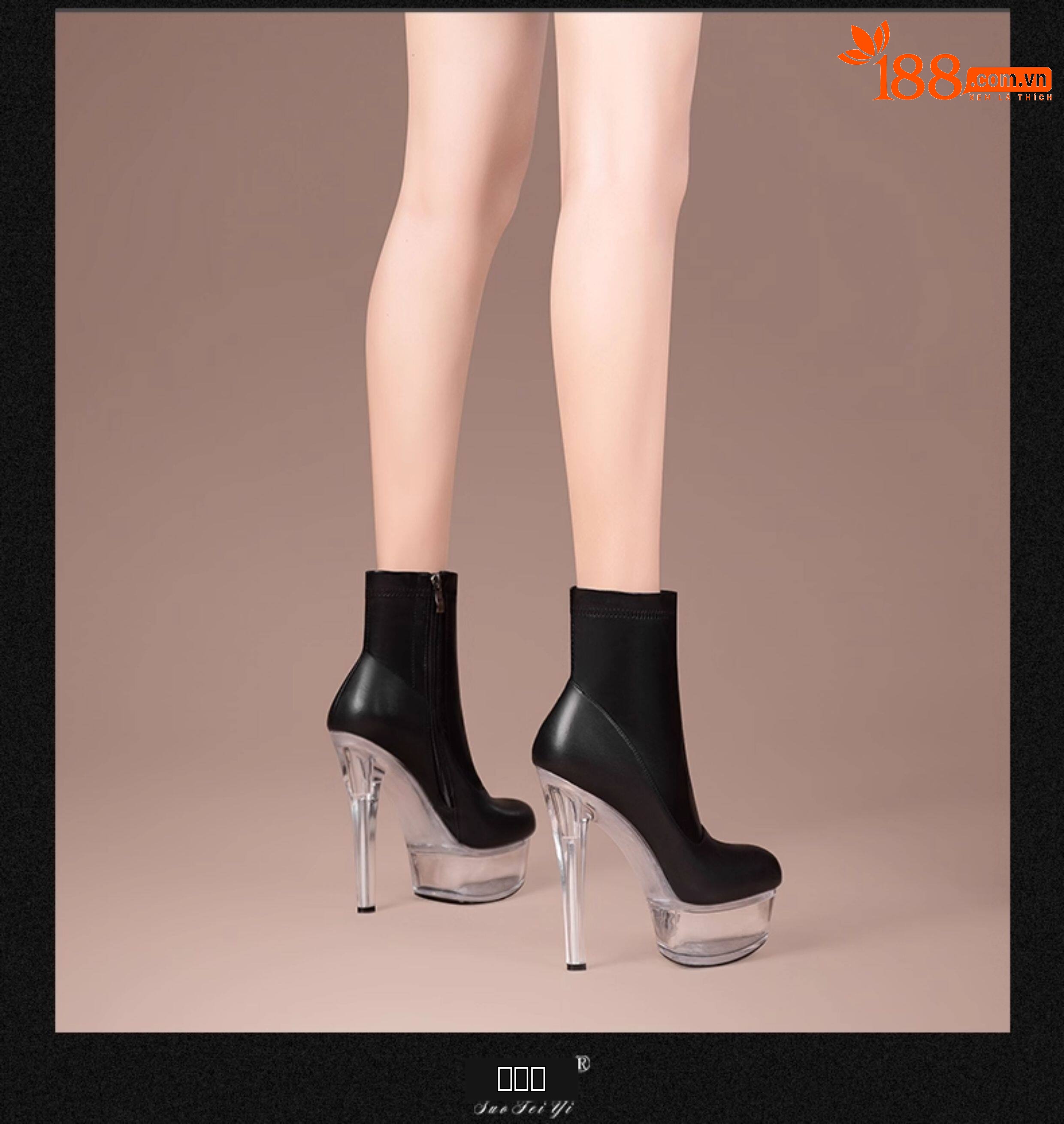 Boot cổ thấp nữ da bò gót nhọn cao su đế platform chống nước khóa kéo bên — Đen 19781, Be 19781, Đen 19881, Be 19881 chi tiết 6