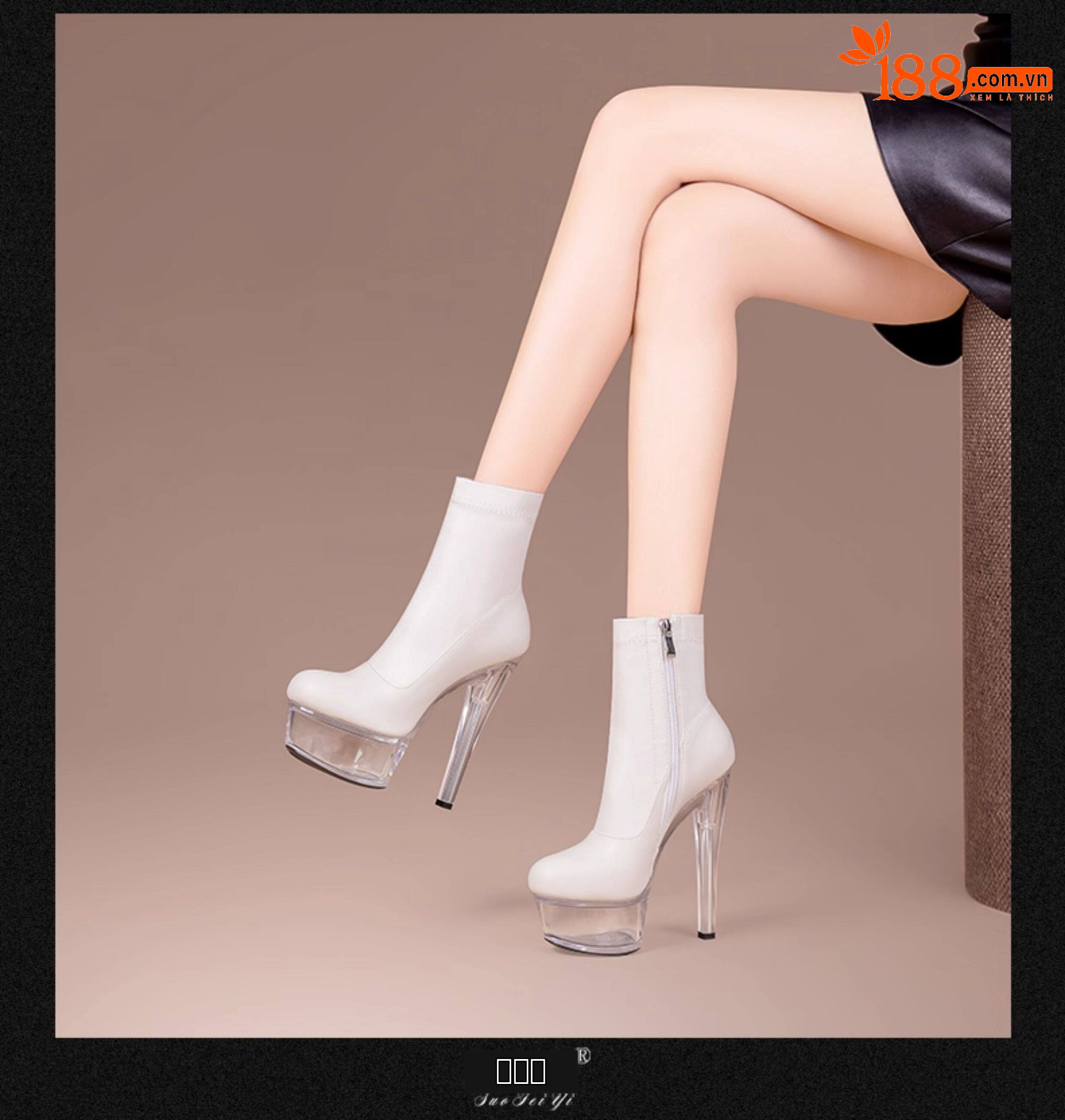 Boot cổ thấp nữ da bò gót nhọn cao su đế platform chống nước khóa kéo bên — Đen 19781, Be 19781, Đen 19881, Be 19881 chi tiết 7