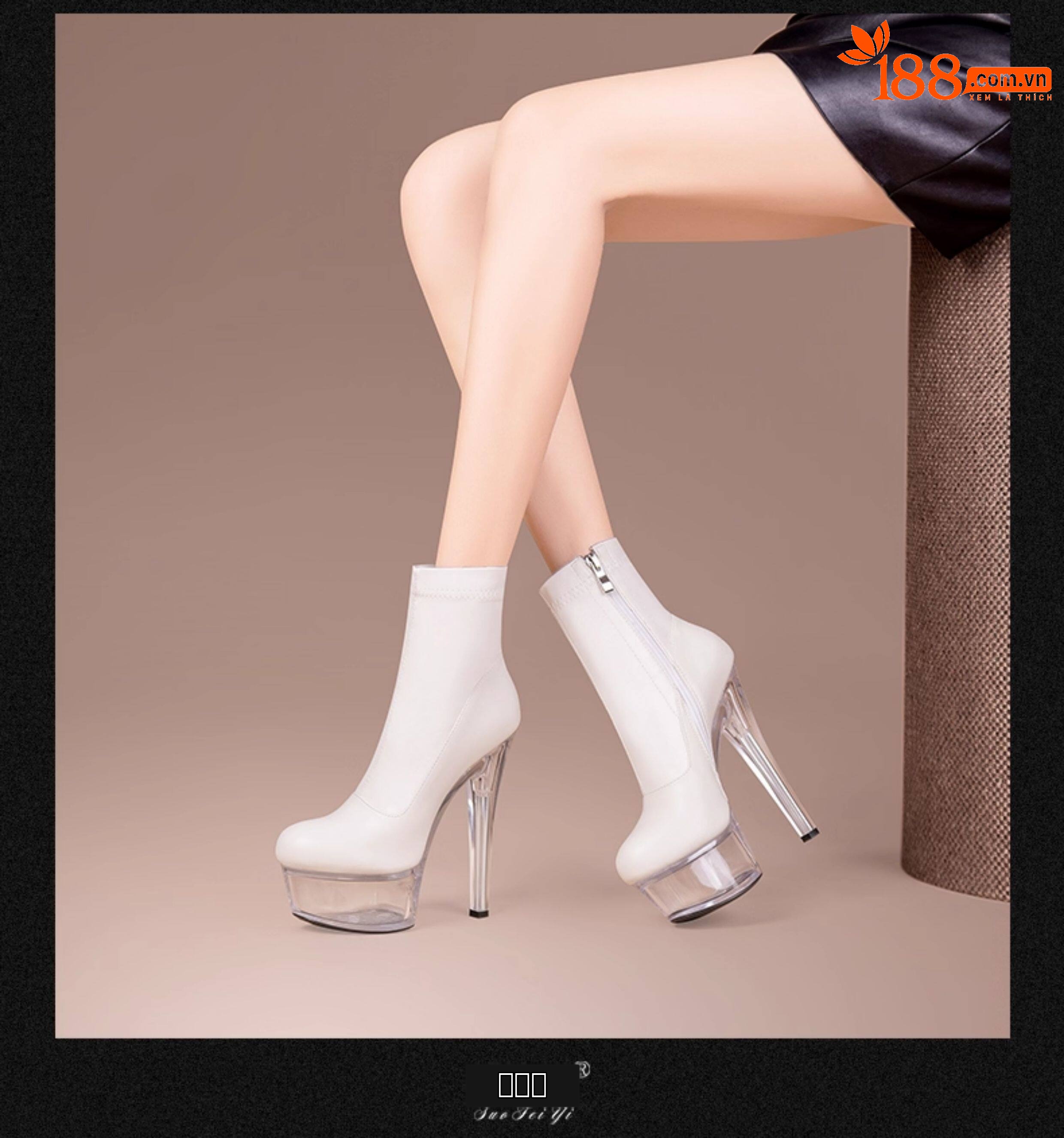 Boot cổ thấp nữ da bò gót nhọn cao su đế platform chống nước khóa kéo bên — Đen 19781, Be 19781, Đen 19881, Be 19881 chi tiết 8