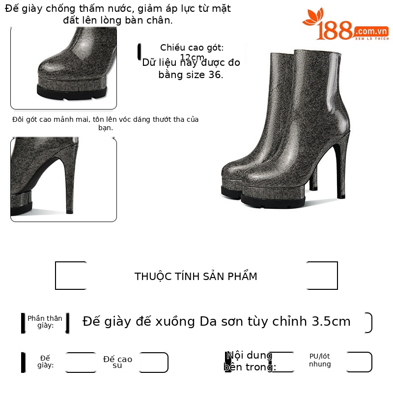 Boot nữ cổ thấp mũi tròn gót nhọn phong cách retro, da bóng, khóa kéo bên hông — Bạc 71861 (Gót nhỏ), Đỏ rượu 71861 (Gót nhỏ), Bạc 71961 (Gót to), Đỏ rượu 71961 (Gót to)