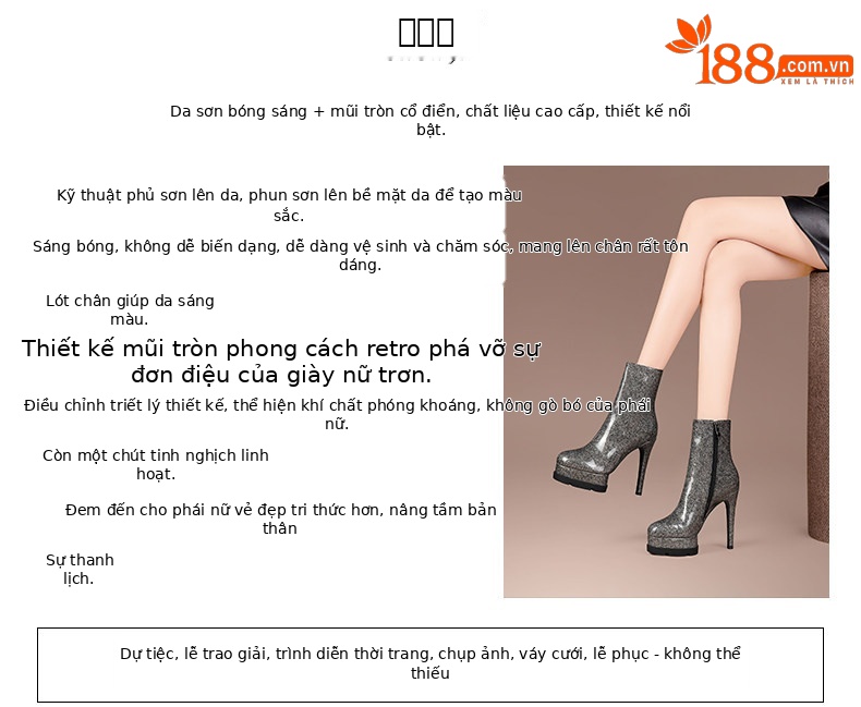 Boot nữ cổ thấp mũi tròn gót nhọn phong cách retro, da bóng, khóa kéo bên hông — Bạc 71861 (Gót nhỏ), Đỏ rượu 71861 (Gót nhỏ), Bạc 71961 (Gót to), Đỏ rượu 71961 (Gót to) chi tiết 2