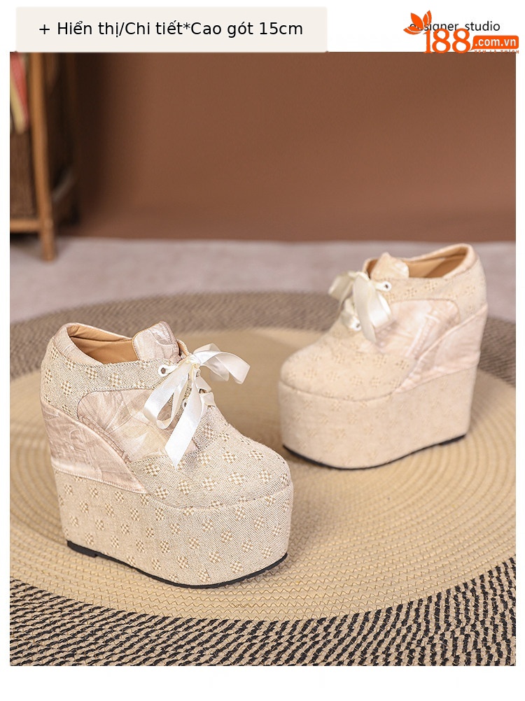 Giày cao gót nữ đế xuồng platform buộc dây, gót 15 cm — Mơ 10cm, Mơ 15cm chi tiết 38