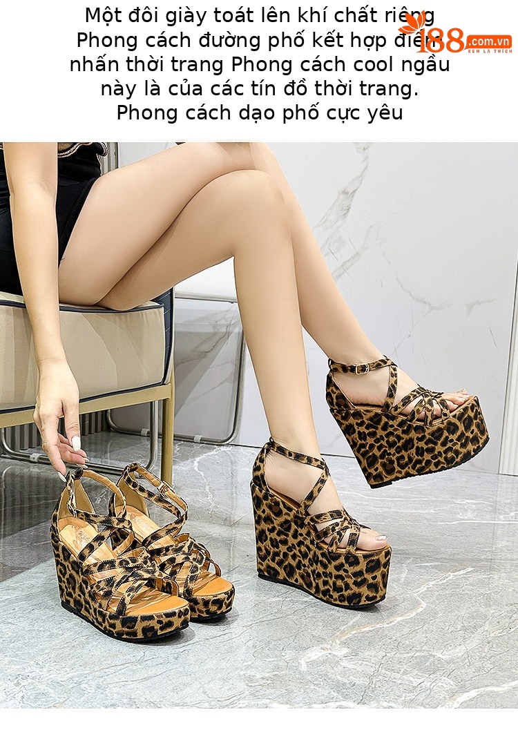 Sandal nữ đế xuồng cao gót hở mũi họa tiết da báo — Đen 10cm, Đen 15cm chi tiết 14