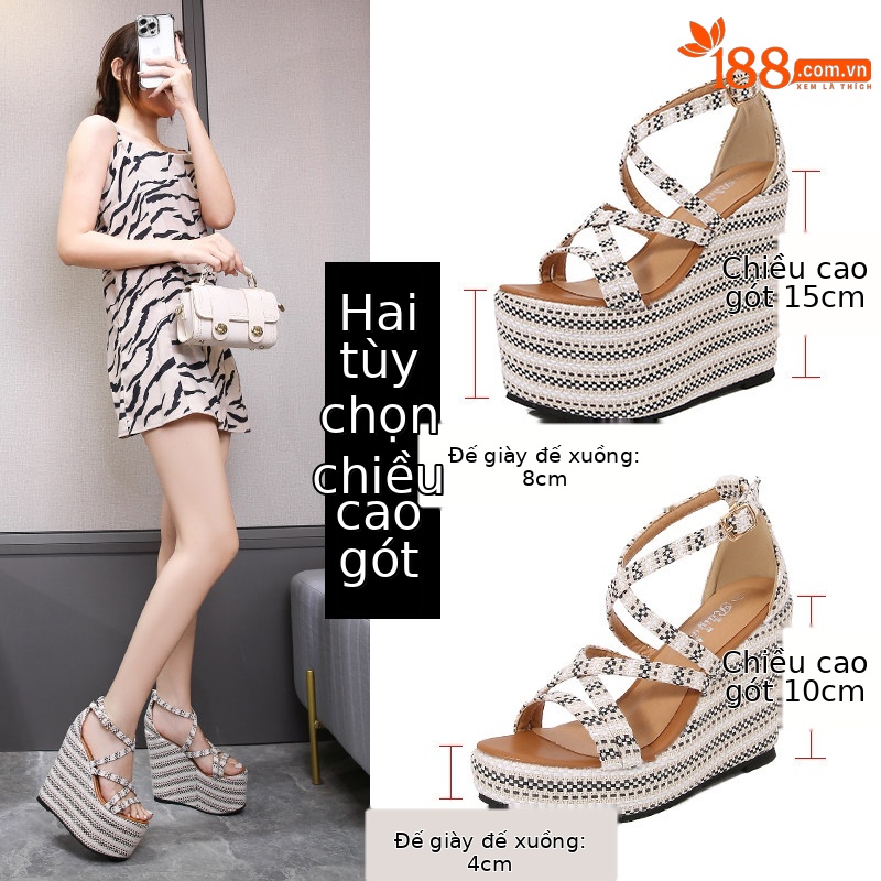 Sandal đế xuồng cao gót nữ hở mũi quai chéo, gót 10-15cm — Đen trắng 10cm, Đen trắng 15cm chi tiết 8