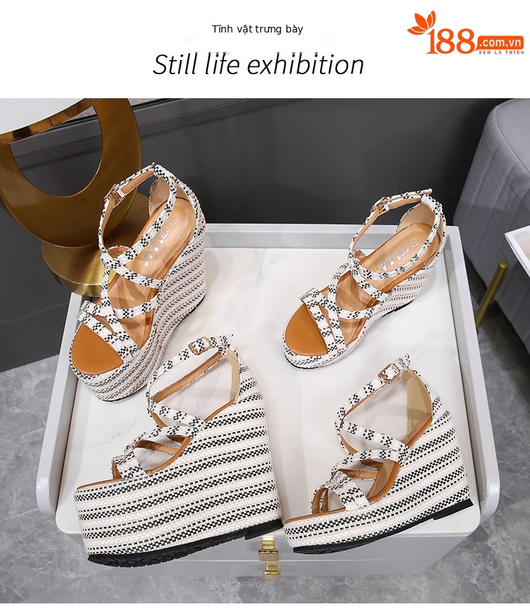 Sandal đế xuồng cao gót nữ hở mũi quai chéo, gót 10-15cm — Đen trắng 10cm, Đen trắng 15cm chi tiết 38