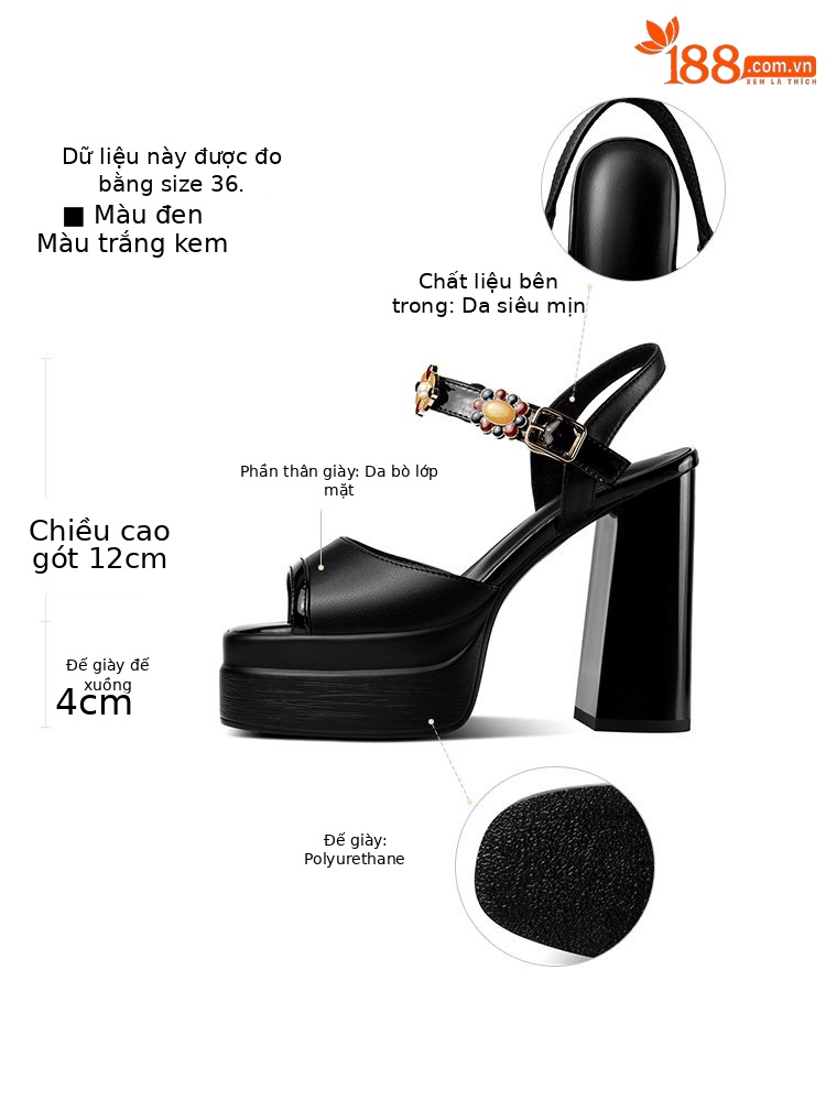 Sandal cao gót nữ mũi cá kiểu Pháp Sophie, gót vuông dày platform, quai khóa một bên — Đen, Trắng ngà