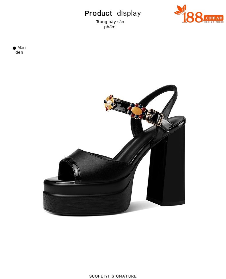 Sandal cao gót nữ mũi cá kiểu Pháp Sophie, gót vuông dày platform, quai khóa một bên — Đen, Trắng ngà chi tiết 2