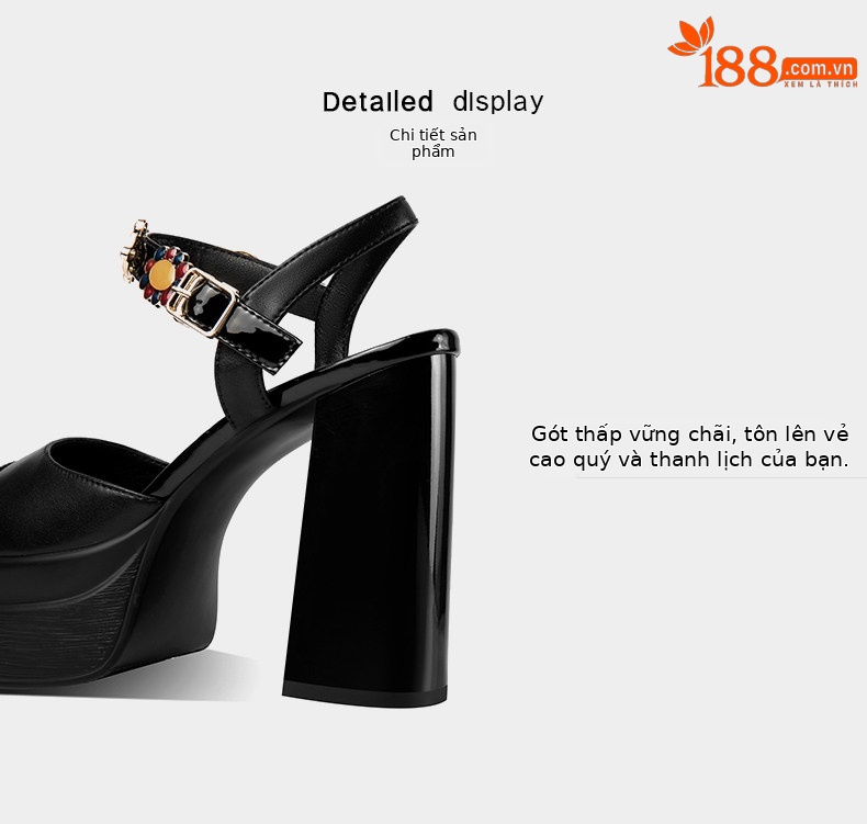 Sandal cao gót nữ mũi cá kiểu Pháp Sophie, gót vuông dày platform, quai khóa một bên — Đen, Trắng ngà chi tiết 9