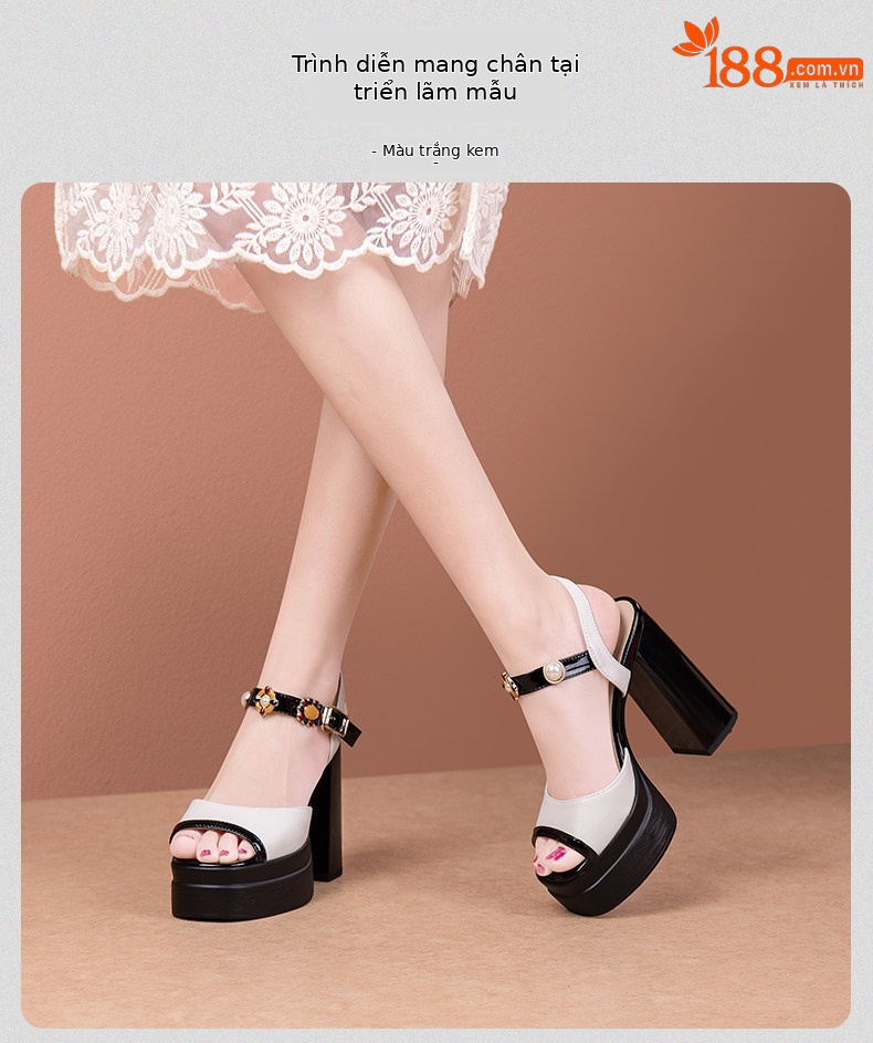 Sandal cao gót nữ mũi cá kiểu Pháp Sophie, gót vuông dày platform, quai khóa một bên — Đen, Trắng ngà chi tiết 15