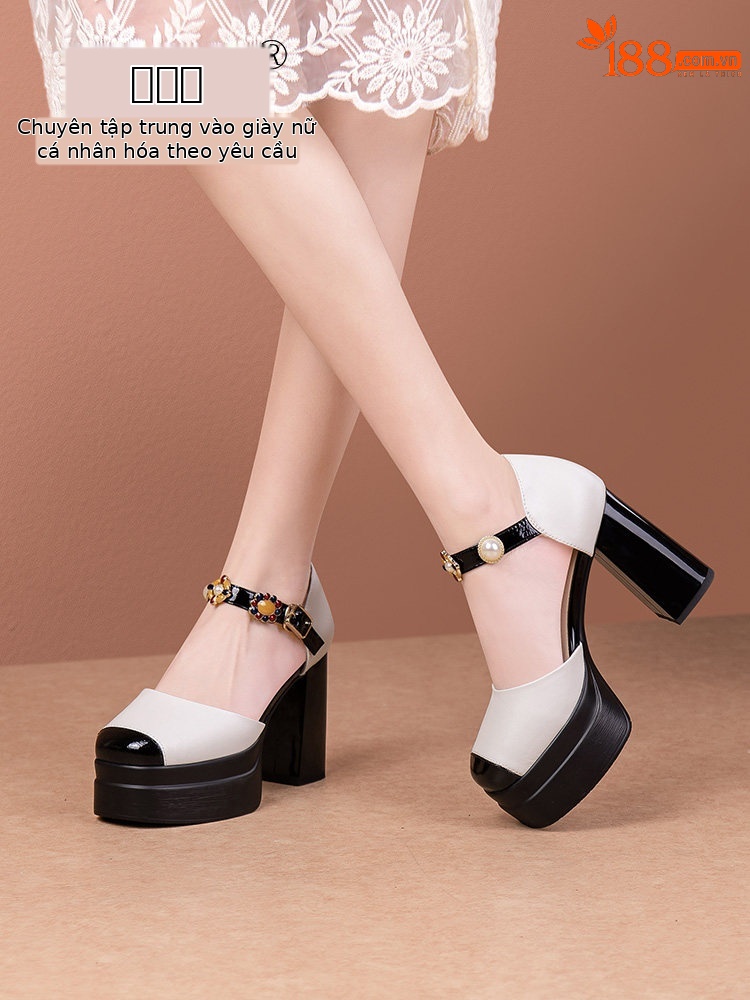 Sandal platform nữ mũi kín da thật gót vuông cao 8 cm — Đen, Trắng