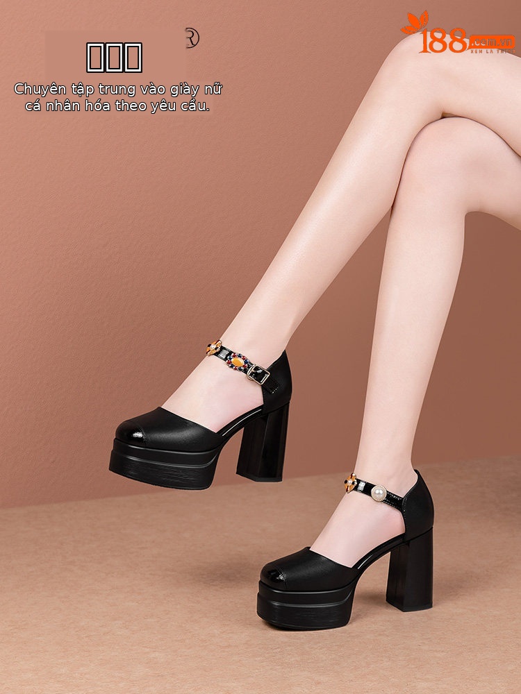 Sandal platform nữ mũi kín da thật gót vuông cao 8 cm — Đen, Trắng