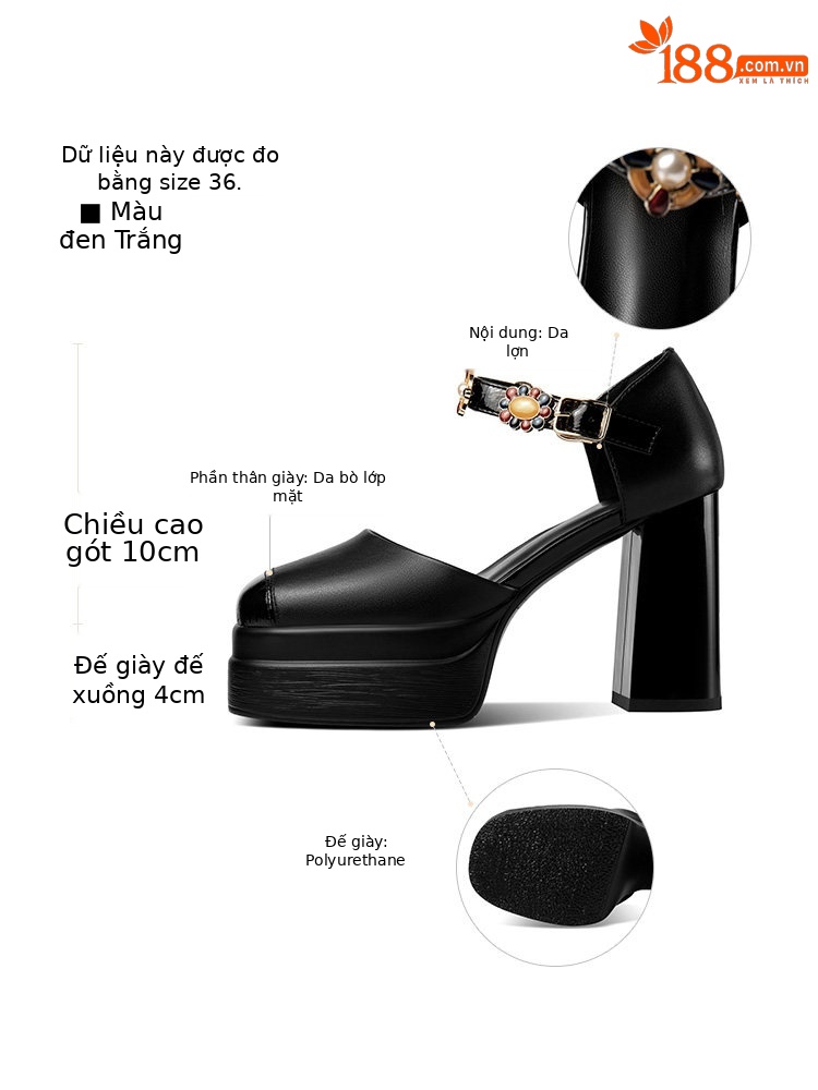Sandal platform nữ mũi kín da thật gót vuông cao 8 cm — Đen, Trắng