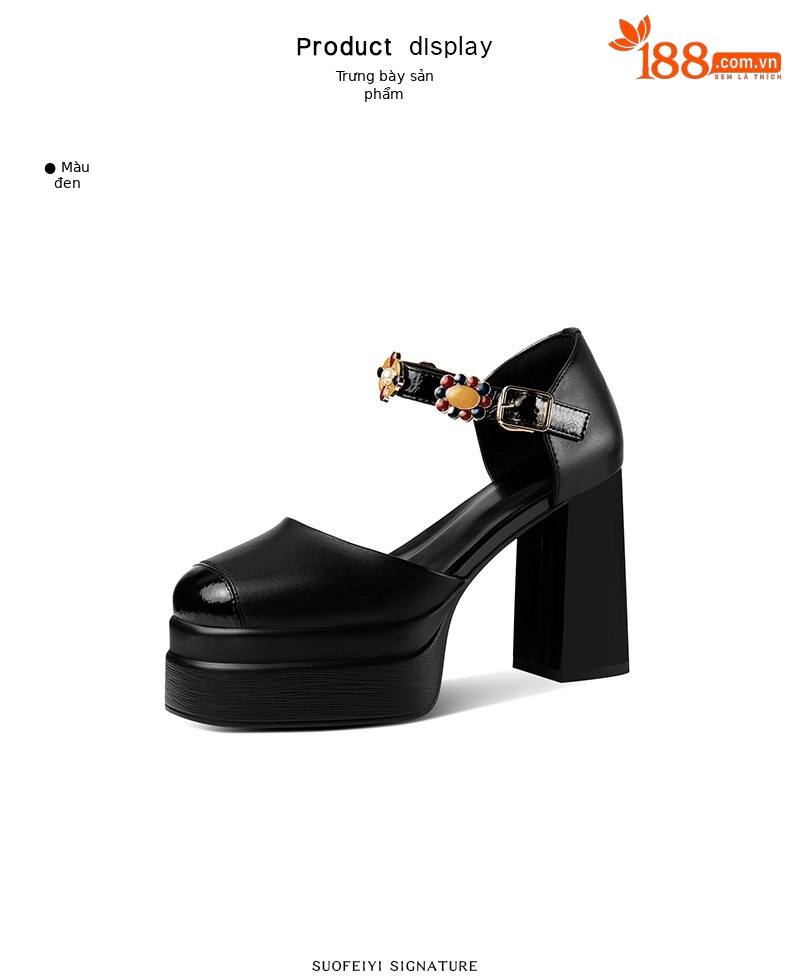 Sandal platform nữ mũi kín da thật gót vuông cao 8 cm — Đen, Trắng chi tiết 2