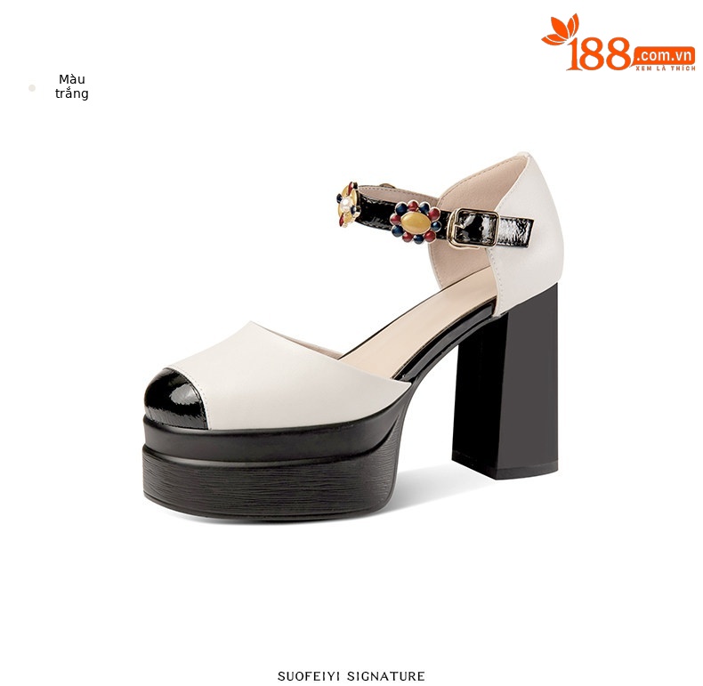 Sandal platform nữ mũi kín da thật gót vuông cao 8 cm — Đen, Trắng chi tiết 6