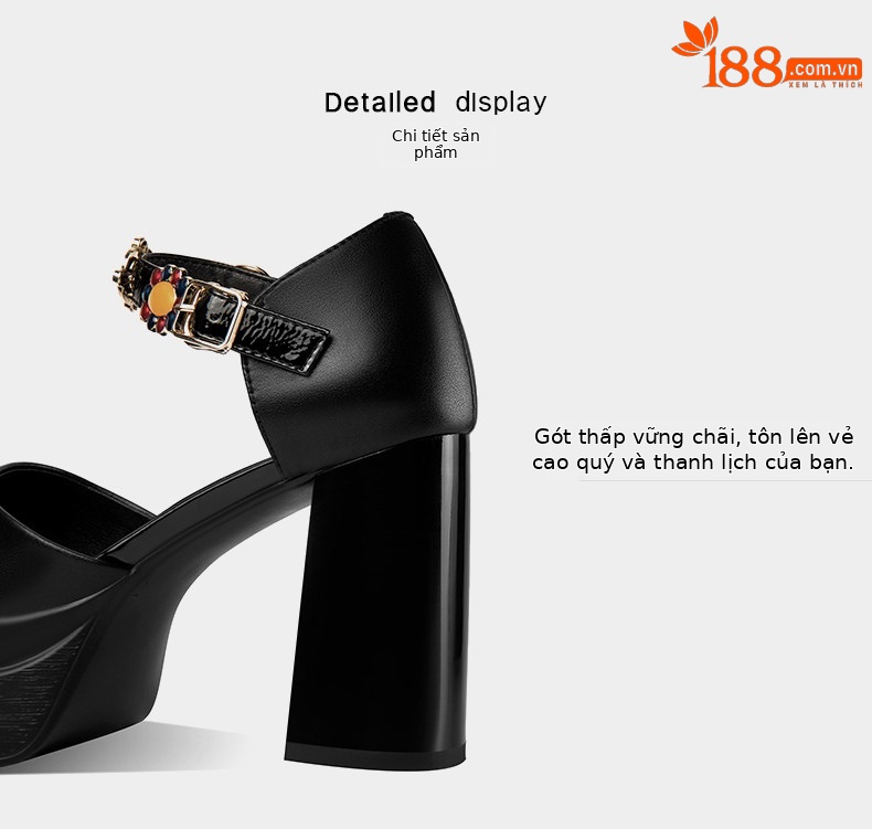 Sandal platform nữ mũi kín da thật gót vuông cao 8 cm — Đen, Trắng chi tiết 9