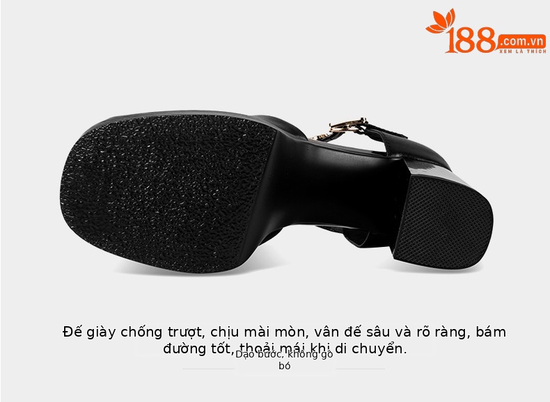 Sandal platform nữ mũi kín da thật gót vuông cao 8 cm — Đen, Trắng chi tiết 11