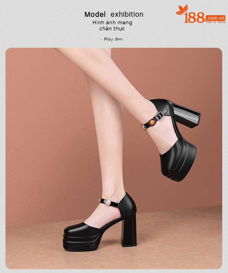 Sandal platform nữ mũi kín da thật gót vuông cao 8 cm — Đen, Trắng chi tiết 12