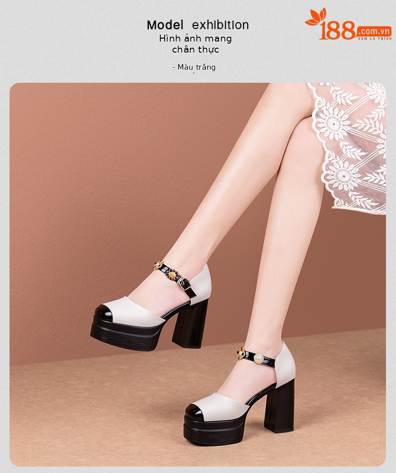 Sandal platform nữ mũi kín da thật gót vuông cao 8 cm — Đen, Trắng chi tiết 16