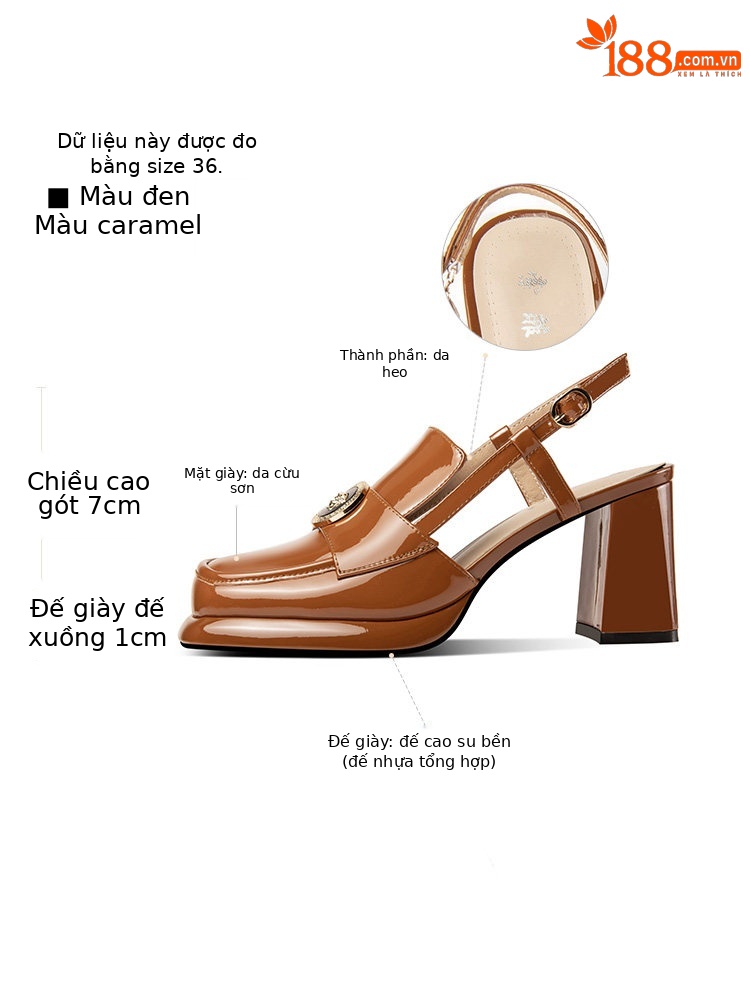 Sandal cao gót nữ hở mũi mũi vuông da bóng gót dày 5-8 cm — Màu Caramel, Màu Đen