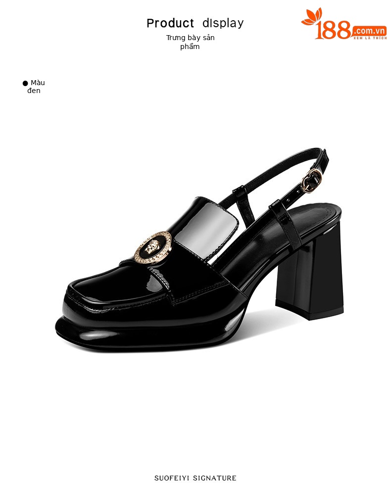 Sandal cao gót nữ hở mũi mũi vuông da bóng gót dày 5-8 cm — Màu Caramel, Màu Đen chi tiết 2